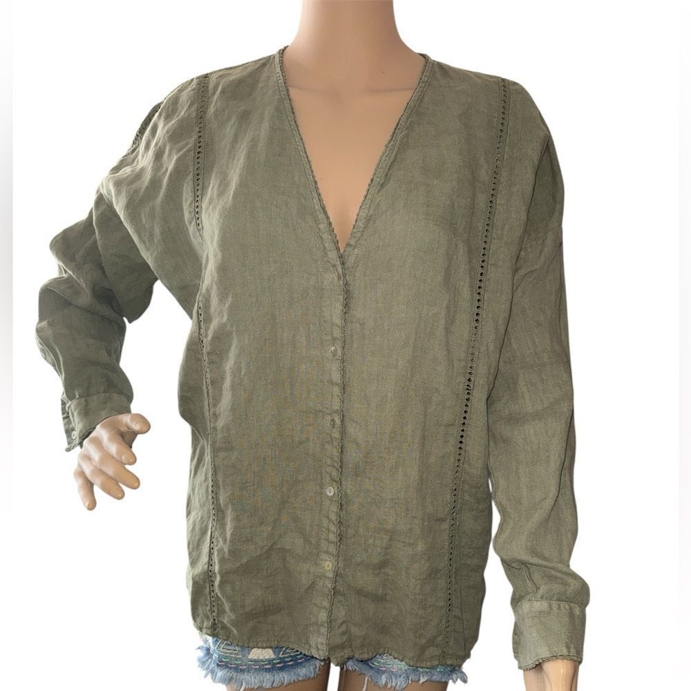 Zara V-Neck Botton up Olive Green Linen Women's Button-Up Top